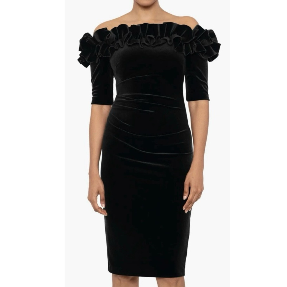 XSCAPE Velvet Off The Shoulder Ruffle Sheath Cocktail Dress Black 14 NEW NWT